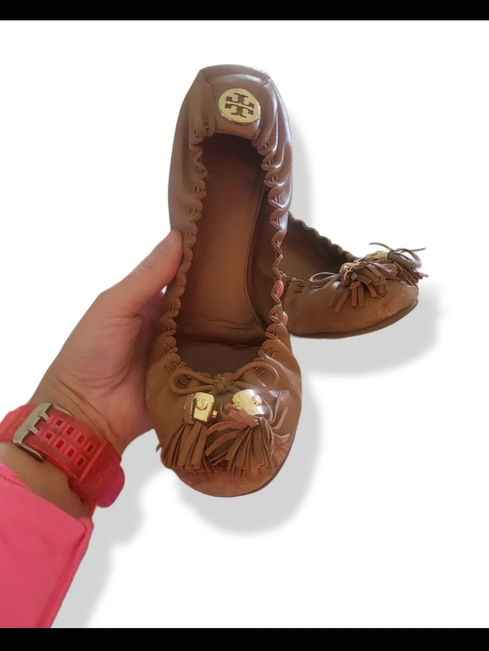 🌿Tory Burch Reese Mestico Royal Tan Leather Tassel Ballet Flats Sz 7